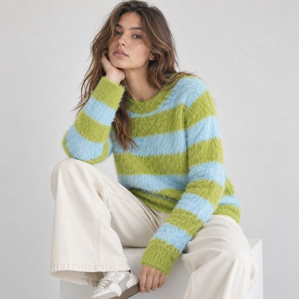Compania Fantastica Fluffy Textured Knit Sweater in Green Striped Print, size S